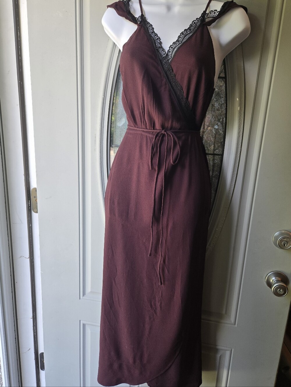 NWOT Reformation Eleanor Lace Trim Wrap Midi Dress Burgundy SZ 2 Made in USA
